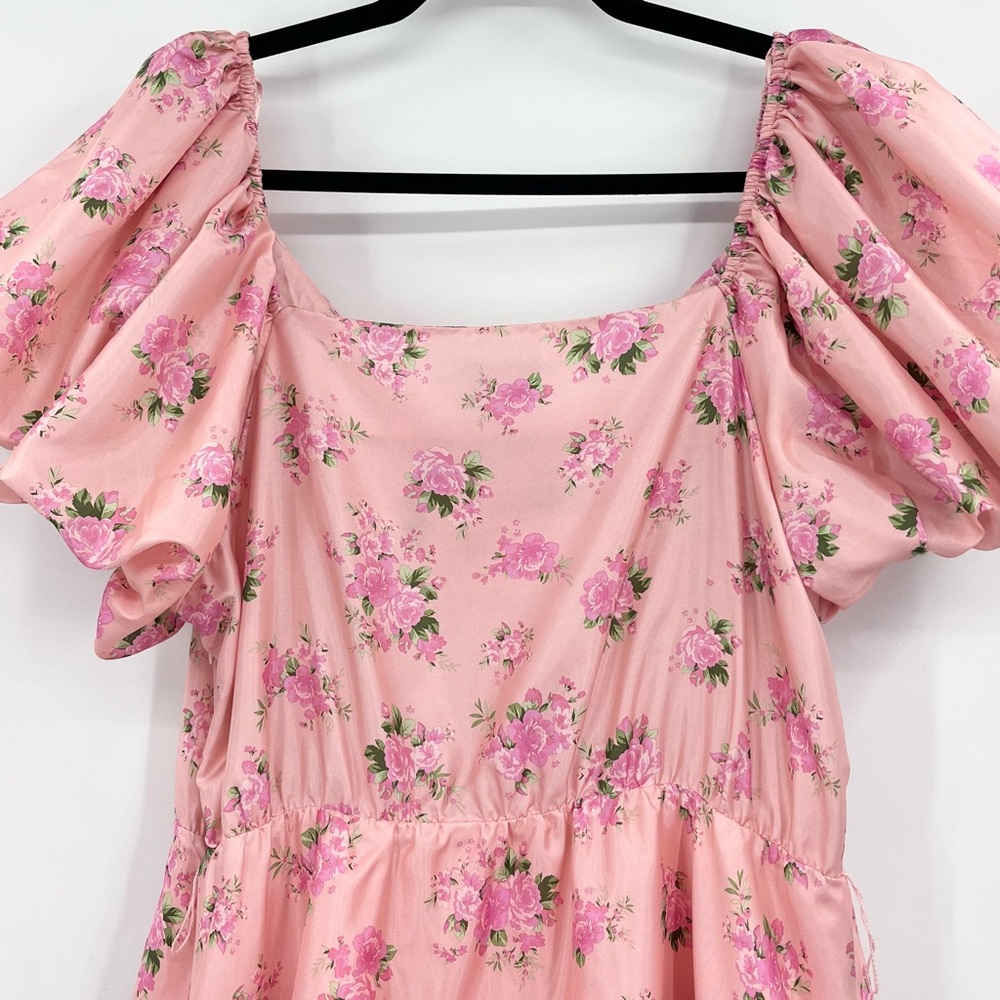 LoveShackFancy x Target Cecile Puff Sleeve Pink Satin Floral Mini Dress Size 12 - Picture 9 of 11